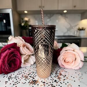 Starbucks Rose Gold Jeweled Venti Tumbler 24oz Metallic Cold Cup EUC